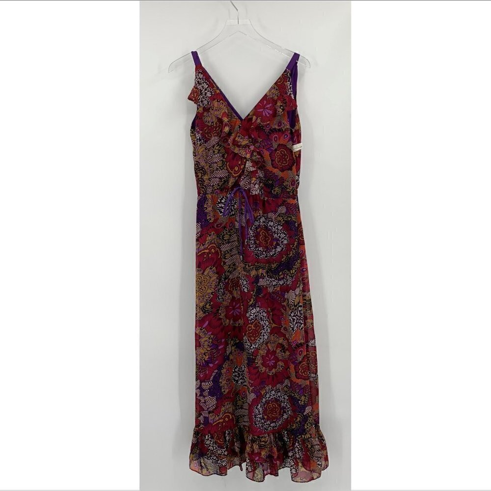 Pure Sugar chiffon ruffle maxi midi dress floral purple wine new XS X-Small